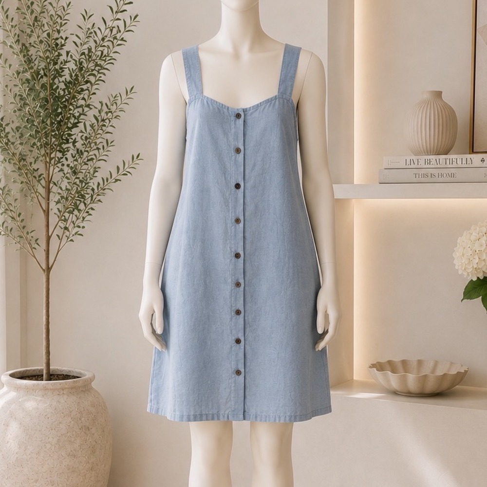 LJC designs Linen Dress Mini Womens Large Blue Button Front Coastal Euro Summer